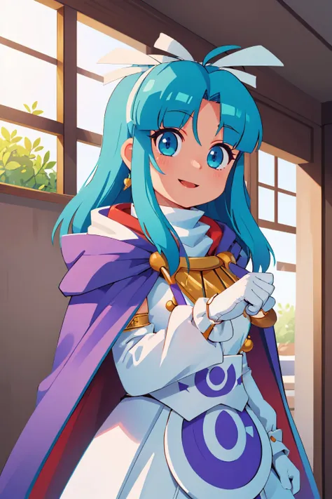(masterpiece, best quality:1.2), solo, 1girl, gsmia, smile, looking at viewer, hair ribbon, cape, white gloves, long dress, purple trim <lora:gsmia-nvwls-v1:1>