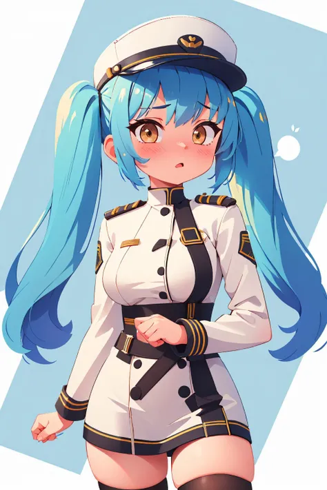 (masterpiece, best quality:1.2), solo, 1girl, privaty \(nikke\), blush, flustered, looking at viewer, blue hair, twintails, peaked cap, white military uniform, long sleeves, straps, black thighhighs <lora:privaty-nikke-richy-v1:1>