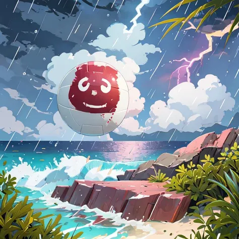 masterpiece, best quality, wilsonv1, volleyball, water, sea, storm, rain, night, lightning, <lora:Wilson_v1:0.7>