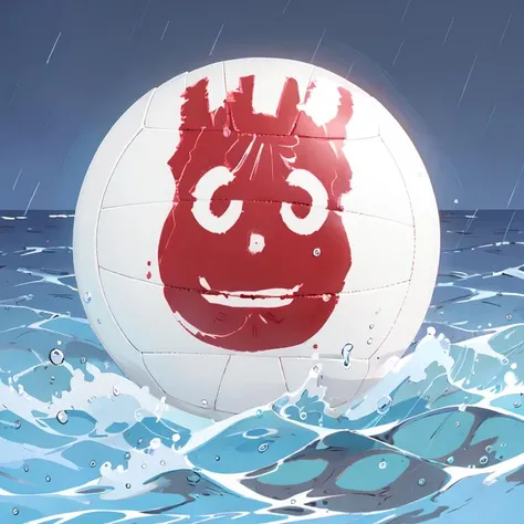 masterpiece, best quality, wilsonv1, volleyball, water, sea, storm, rain, night, wave, <lora:Wilson_v1:0.7>