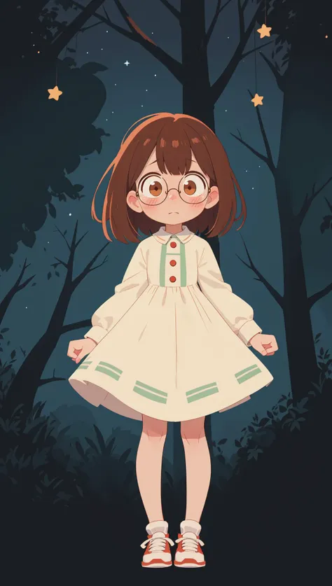 pensketch_style, ink sketch, (dark background:1.2), starry sky, darkness, shy, embarrassed, blush, superb, extremely detailed, intricate, (extremely low contrast:1.1), looking away, full body, mid shot forest, nature, tree <lora:loraslayernoiseoffset:0.45> , <lora:pen_sketch_v1.3_dim_16:0.6>, brown hair, brown eyes, glasses, dress, white sneakers