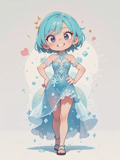 8k, masterpiece, highly detailed, high quality,
woman wearing an (ice dress), <lora:ice_dress-SD-1.0:1>
chibi, hands on hips, big grin, strut