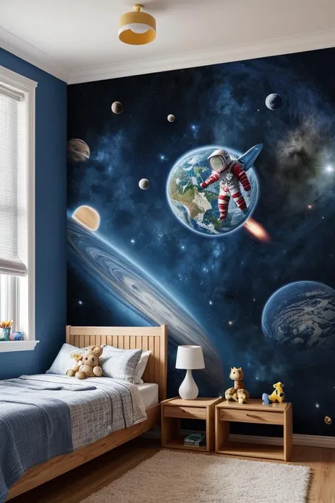 childreninterior, toodler, 1boy, blue wallpaper with planet rocket astronaut, realistic, bedroom with slider, stuffed toy, morning, cute, <lora:ARWchildreninterior:1>