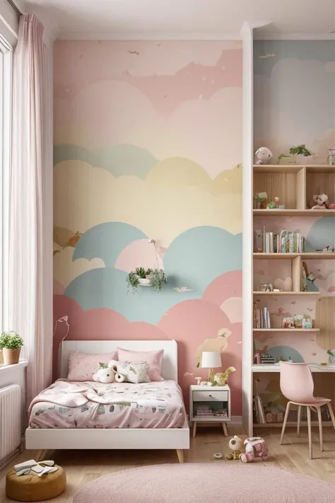 childreninterior, toodler, pink wallpaper with rabbit, realistic, bedroom with slider, stuffed toy, morning, cute, <lora:ARWchildreninterior:1>
