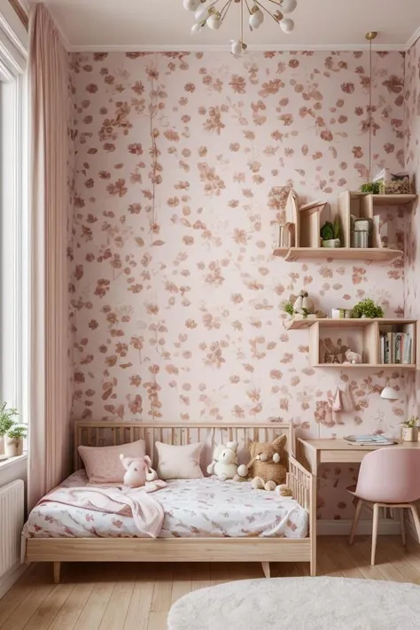 childreninterior, toodler, pink wallpaper with rabbit, realistic, bedroom with slider, stuffed toy, morning, cute, <lora:ARWchildreninterior:1>