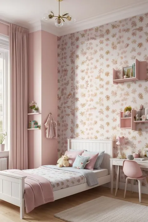 childreninterior, toodler, pink wallpaper with rabbit, realistic, bedroom with slider, stuffed toy, morning, cute, <lora:ARWchildreninterior:1>