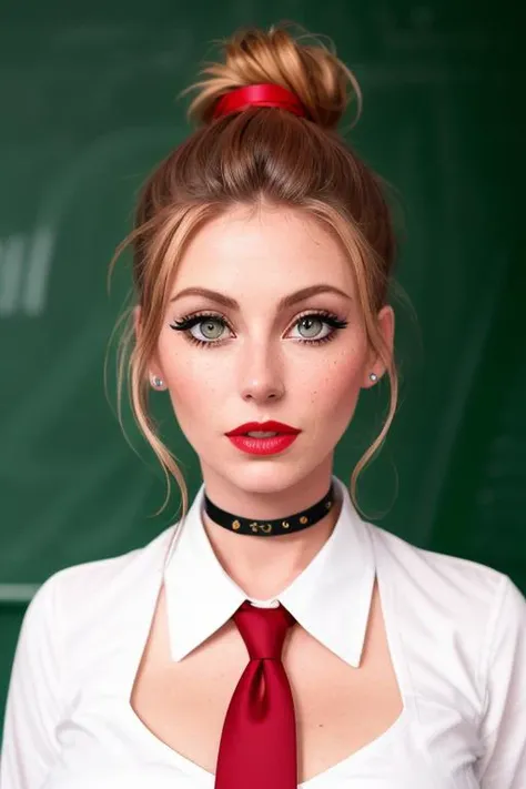 photo of a woman, diorabaird:0.99, ((reddish blonde hair, hair up, hair in bun):1.2),((choker, necktie, white shirt):1.2), ((closeup, portrait)),((chalkboard, classroom):1.3),((red lipstick,heavy eyeliner, heavy eye shadow, blush):1.2), ((best quality, masterpiece, extreme details, high resolution):1.2),((detailed eyes, beautiful eyes, detailed face, beautiful face):1.2),