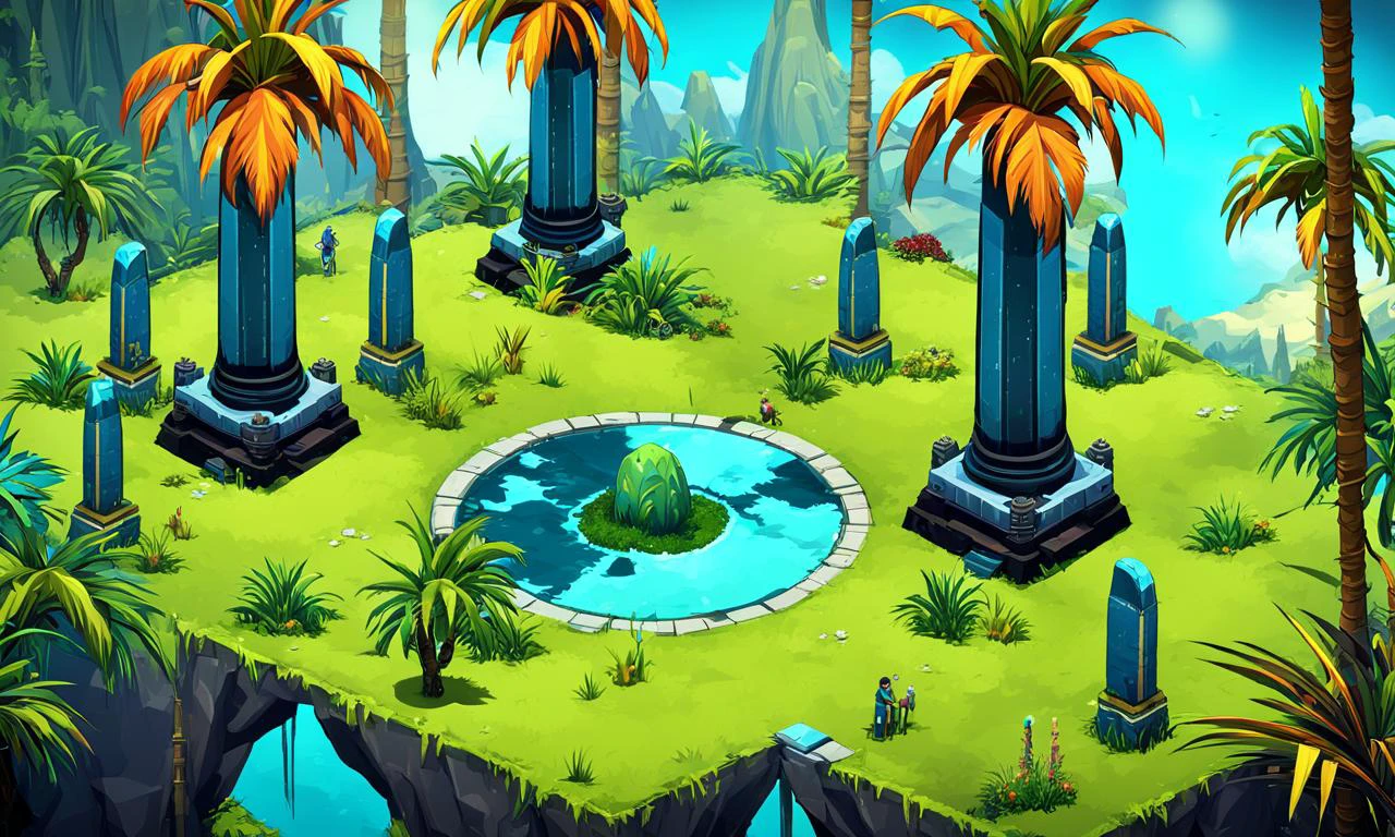 isometric landscape, alien planet, weird creatures, sci-fi, pillars, monoliths,blue grass, screenshot from game, best quality, masterpiece, <lora:supgiantisosdxl:0.9>, painted, supgiantisosdxl, large landscape, cartoon, vibrant colors, palm trees