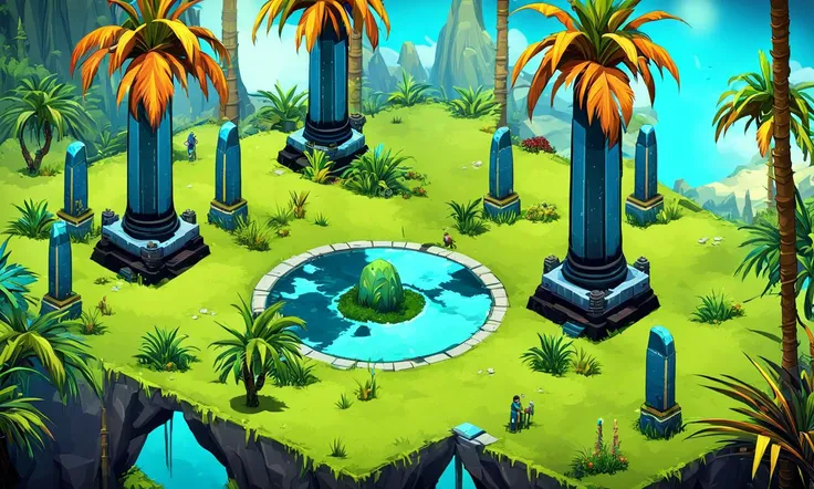 isometric landscape, alien planet, weird creatures, sci-fi, pillars, monoliths,blue grass, screenshot from game,  best quality, masterpiece,  <lora:supgiantisosdxl:0.9>, painted, supgiantisosdxl, large landscape, cartoon, vibrant colors, palm trees