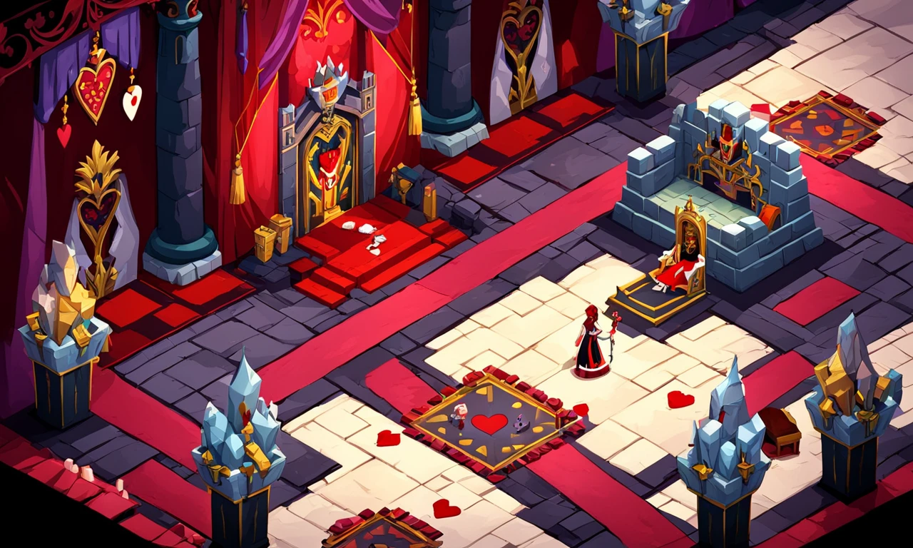 inside a dark castle, cartoon, best quality, masterpiece, isometric view, <lora:supgiantisosdxl:0.8>, painted style, supgiantisosdxl, vibrant colors, giant statues, throne room, queen of hearts, intricate floor, long hallway,