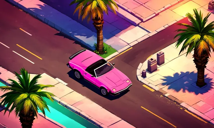 isometric landscape, top down view,  pink 80s sports car driving through Miami, street, sunset, buildings, screenshot from game,  best quality, masterpiece,  <lora:supgiantisosdxl:0.9>, painted, supgiantisosdxl, large landscape, cartoon, vibrant colors, palm trees