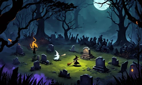 isometric landscape, a witch fighting ghosts in dark forest, dark mood, fantasy, graveyard,best quality, masterpiece,  <lora:supgiantisosdxl:0.8>, painted, supgiantisosdxl, large landscape, dark, cartoon