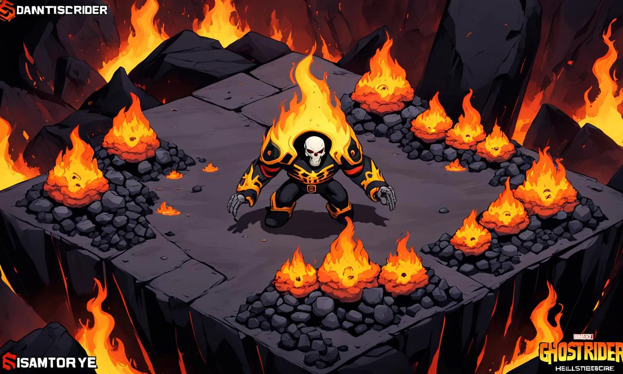 hellscape, Ghostrider, dark, cartoon, best quality, masterpiece, isometric view, <lora:supgiantisosdxl:0.6>, painted style, supgiantisosdxl, fire, brimstone, gloomy, underworld, lava, rocks