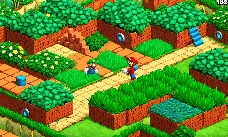 isometric landscape, Super Mario, fields, red bricks, green pipes cartoon, best quality, masterpiece,  <lora:supgiantisosdxl:0.8>, painted, supgiantisosdxl, large landscape, game screenshot,