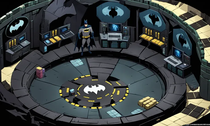 inside the Batcave, batman, dark, round platform, supercomputer, cartoon, best quality, masterpiece, isometric view, <lora:supgiantisosdxl:0.7>, painted style, supgiantisosdxl,