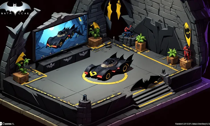 inside the Batcave, batmobile, batman, bats, dark, platform, batcomputer cartoon, best quality, masterpiece, isometric view, <lora:supgiantisosdxl:0.8>, painted style, supgiantisosdxl, t-rex statue,