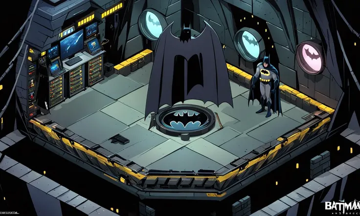 inside the Batcave, batman,  dark, round platform, supercomputer,   cartoon, best quality, masterpiece,  isometric view,  <lora:supgiantisosdxl:0.7>, painted style, supgiantisosdxl,