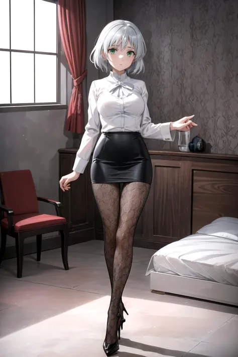 ((masterpiece)), (absurdres:1.3), ((beautiful detailed cinematic light: 1.3)), (extremely detailed CG unity 8k wallpaper:1.3), (ultra-detailed:1.3), (depth of field:1.3), (best shadows:1.3), (perfect anatomy:1.3), (detailed eyes:1.3), (deep eyes:1.3), <lora:GoodHands-vanilla:2>
((indoor:1.3)),(hotel:1.2), (luxury hotel:1.0), in the luxurious hotel room, huge window, red curtain,
masterpiece,best quality,highres,ultra-detailed,aasanya,short hair,green eyes,silver hair,<lora:Sanya_v_Litvyak:0.6>
1girl,solo,medium breasts,<lora:0144 jacquard pantyhose_v3:0.9>,ruanyi0144,print legwear,pantyhose,
pencil skirt,white shirt,stiletto heels,bra,(full body:1.2),(thigh gap:1.2),sitting on bed,
2D, (anime:1.2), (anime screencap),