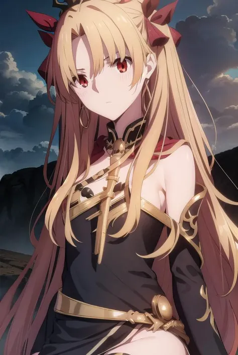 ereshkigal, <lora:ereshkigal babylonia-lora-nochekaiser:1>,
ereshkigal, ereshkigal \(fate\), long hair, blonde hair, very long hair, two side up, tiara, (red eyes:1.3), ribbon, hair ribbon, red ribbon, (parted bangs:1.5),
BREAK thighhighs, dress, jewelry, earrings, black dress, single thighhigh, asymmetrical legwear, uneven legwear, single sleeve, spine,
BREAK outdoors, desert, sky, sun, clouds,
BREAK looking at viewer, (cowboy shot:1.5),
BREAK <lyco:GoodHands-beta2:1>, (masterpiece:1.2), best quality, high resolution, unity 8k wallpaper, (illustration:0.8), (beautiful detailed eyes:1.6), extremely detailed face, perfect lighting, extremely detailed CG, (perfect hands, perfect anatomy),