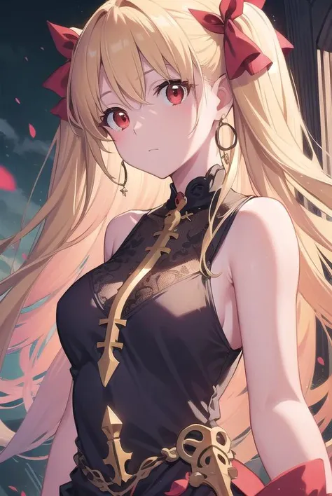 ereshkigal, <lora:ereshkigaltest:1>, ereshkigal, blonde hair, earrings, hair bow, hoop earrings, jewelry, long hair, parted bangs, (red eyes:1.5), two side up,
BREAK cross, cross necklace, dress, necklace, pink bow, red dress, sleeveless, sleeveless dress,
BREAK outdoors, city,
BREAK looking at viewer, BREAK <lora:GoodHands-vanilla:1>, (masterpiece:1.2), best quality, high resolution, unity 8k wallpaper, (illustration:0.8), (beautiful detailed eyes:1.6), extremely detailed face, perfect lighting, extremely detailed CG, (perfect hands, perfect anatomy),