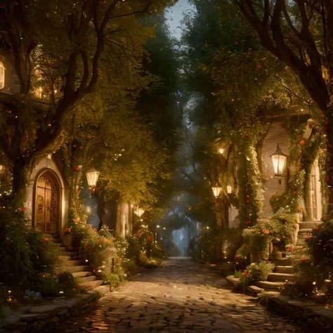(masterpiece:1.2), (best quality,:1.2), 8k, HDR, ultra detailed, ((photorealistic)), perfect anatomy, professional light, cinematic lighting, fashion photography, ambient lighting, <lora:detail_slider_v4:2.5>, a narrow street with many elaborate highelf houses, highelf, <lora:HighElf-10:0.6>, in the style of Tolkien, Middle Earth, Rivendell, epiCPhoto