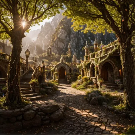 (masterpiece:1.2), (best quality,:1.2), 8k, HDR, ultra detailed, ((photorealistic)), perfect anatomy, professional light, cinematic lighting, fashion photography, ambient lighting, <lora:detail_slider_v4:2.5>, a narrow street with many elaborate highelf houses, highelf, <lora:HighElf-10:0.6>, in the style of Tolkien, Middle Earth, Rivendell, epiCPhoto