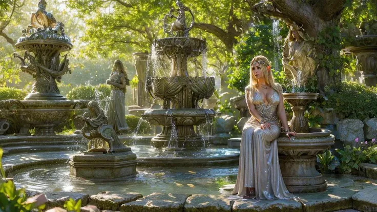 realistic analog photo, award winning photo,
 <lora:HighElf-10:0.75> highelf, fantasy garden with a fountain, 
 <lora:FSierraTV:0.75> woman,  wearing jewelry, 
 <lora:nonHentaiElfRangerDruid_v10:0.75> elf, priestess,
RAW, highres, 8k, uhd, High Dynamic Range, tonemapping, crisp details,