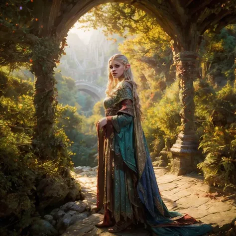 (masterpiece:1.2), (best quality,:1.2), 8k, HDR, ultra detailed, ((photorealistic)), perfect anatomy, professional light, cinematic lighting, fashion photography, ambient lighting, <lora:detail_slider_v4:2.5>, Jessa, <lora:Jessa-10:1>, as a female sorceress, wearing intricate robes, cloak, standing in the foreground on a high vaulted bridge over a deep ravine, in a fantasy elven city,  highelf, <lora:HighElf-10:0.6>,  in the style of Tolkien, Middle Earth, Rivendell, epiCPhoto