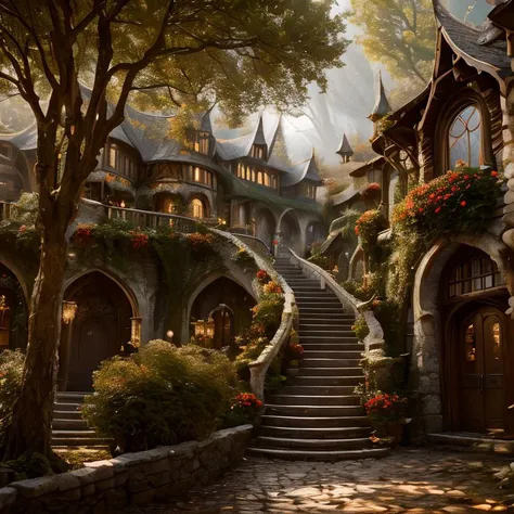 (masterpiece:1.2), (best quality,:1.2), 8k, HDR, ultra detailed, ((photorealistic)), perfect anatomy, professional light, cinematic lighting, fashion photography, ambient lighting, <lora:detail_slider_v4:2.5>, a narrow street with many elaborate high elf houses, stairs, highelf, <lora:HighElf-10:0.6>, in the style of Tolkien, Middle Earth, Rivendell, epiCPhoto