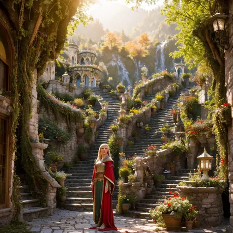 (masterpiece:1.2), (best quality,:1.2), 8k, HDR, ultra detailed, ((photorealistic)), perfect anatomy, professional light, cinematic lighting, fashion photography, ambient lighting, <lora:detail_slider_v4:2.5>, Brooke, <lora:Brooke-10:1>, as a female elf ranger, wearing intricate leather armor, cloak, standing in a narrow street with many elaborate high elf houses, stairs, highelf, <lora:HighElf-10:0.6>, in the style of Tolkien, Middle Earth, Rivendell, epiCPhoto