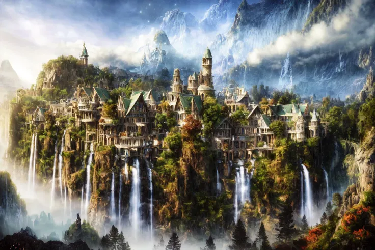 (masterpiece:1.2), (best quality,:1.2), 8k, HDR, ultra detailed, ((photorealistic)), professional light, cinematic lighting,
fashion photography, ambient lighting, atmospheric effects, a HighElf fantasy city, waterfall, mountains, cliff,
((perfect hands)), epiCPhoto <lora:HighElf:1>,
<lora:more_details:0.7>, no human, no people, starry sky, castle, fantasy, future,