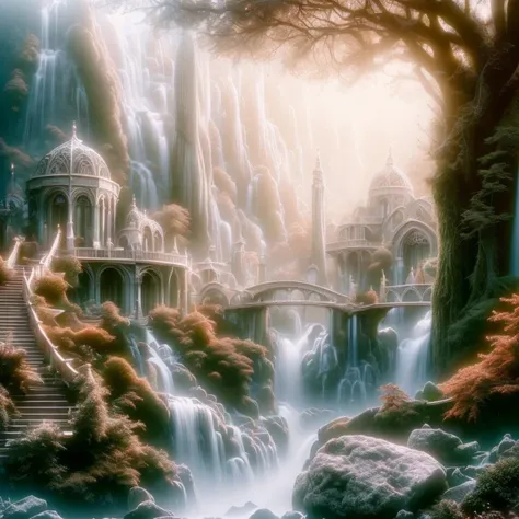 (masterpiece:1.2), (best quality,:1.2), 8k, HDR, ultra detailed, ((photorealistic)), professional light, cinematic lighting, fashion photography, ambient lighting, atmospheric effects, a HighElf fantasy city, magical waterfall, eerie forest, <lora:HighElf-10:1>,  <lora:DonM3lv3nM4g1c-000005:0.76>, DonM3lv3nM4g1c, epiCPhoto