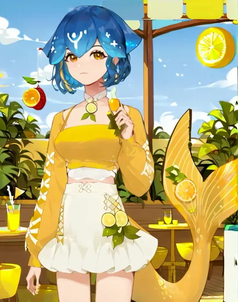 masterpiece,absurd resolution,8k, score_9, score_8_up, score_7_up, ,source_anime BREAK
BaoTheWhale,lemon outfit,score_9,1girl,solo,skirt,shirt,long sleeves,standing,tail,outdoors,sky,day,midriff,blue sky,crop top,,white skirt,yellow shirt,,fish tail,yellow tail,blue hair,looking at viewer,:3
 <lora:bao_vtuber_pony_3.proba:0.8>