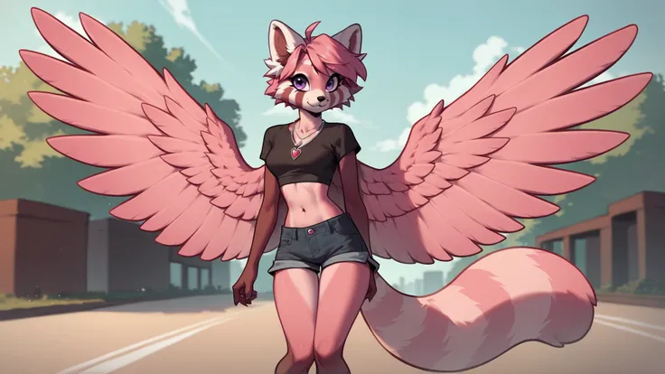 score_9,score_8_up,score_7_up,source_cartoon,source_anime,1girl,two-tone skin,intricate,highly detailed,furry,anthro,outside,midriff,slim,booty shorts,<lora:Marusame_OC_Character-000009>,full body,red panda,black and pink skin,pink wings,pink hair,necklace,purple eyes,