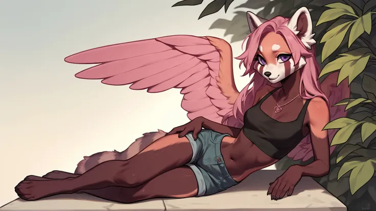 score_9,score_8_up,score_7_up,source_cartoon,source_anime,1girl,two-tone skin,intricate,highly detailed,furry,anthro,outside,midriff,slim,booty shorts,<lora:Marusame_OC_Character-000009>,full body,red panda,black and pink skin,pink wings,pink hair,necklace,purple eyes,
