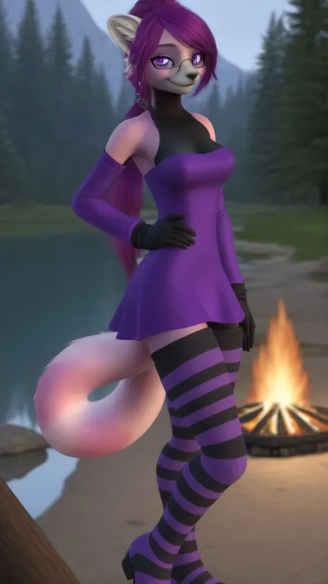 (best quality),(highly detailed),masterpiece,detailed face,beautiful face,(detailed eyes, deep eyes),(1girl:1.33, solo),full body,very long hair,earrings,(grin:0.9),navel,purple elbow gloves,purple thighboots,breasts,necklace,side ponytail,jewelry,belt,thighhighs,ponytail,glasses,standing,campground,campfire,grass,tent,pond,small head,adult body,<lora:Marusame_OC_Character-000009:1>,dress,