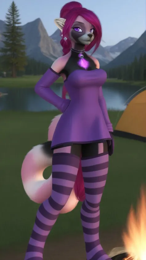 (best quality),(highly detailed),masterpiece,detailed face,beautiful face,(detailed eyes, deep eyes),(1girl:1.33, solo),full body,very long hair,earrings,(grin:0.9),navel,purple elbow gloves,purple thighboots,breasts,necklace,side ponytail,jewelry,belt,thighhighs,ponytail,glasses,standing,campground,campfire,grass,tent,pond,small head,adult body,<lora:Marusame_OC_Character-000009:1>,dress