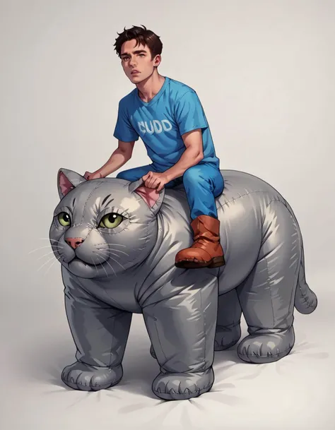 score_9, score_8_up, score_7_up, score_6_up, score_5_up, score_4_up, source_anime, best quality, hud_inf_eleph, 1boy, shirt, <lora:hud_inf_eleph_XLP:0.7>, riding inflatable cat
