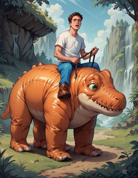 score_9, score_8_up, score_7_up, score_6_up, score_5_up, score_4_up, source_anime, best quality,  hud_inf_eleph, 1boy, shirt, <lora:hud_inf_eleph_XLP:0.7>, riding inflatable dinosaur