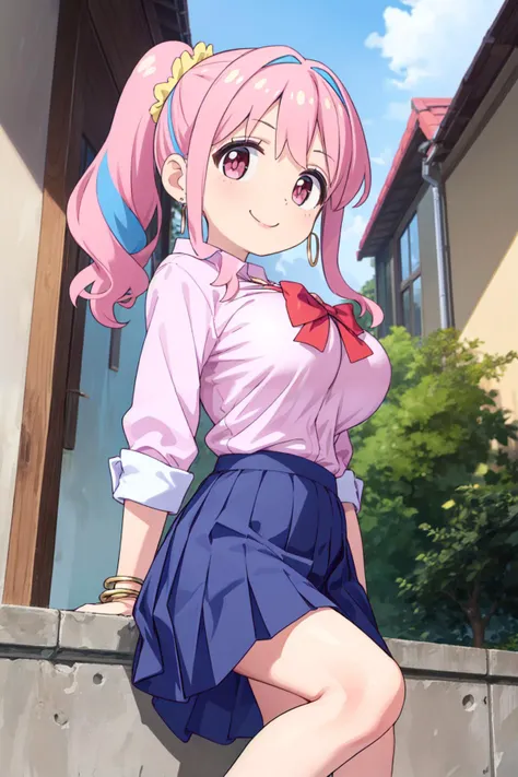 (masterpiece:1.2), (best_quality:1.2), ultra high res, ultra-detailed, 8K, HDR, highres, anime, highly detailed, (best shadow), (absurdres), 
BREAK <lora:hozuki_kaede:0.8>, aakaede, (huge breasts:1.5), (perfect proportion:1.2), (narrow waist), 
BREAK two-tone hair, side ponytail, sidelocks,hair scrunchie, gyaru, earrings, necklace, 
BREAK school uniform, red bowtie, collared shirt, pink shirt, long sleeves, bracelet, blue skirt, bare legs, brown footwear,
BREAK close up, upper body, outdoors, school courtyard, smile, arms behind back, dynamic pose, <lora:more_details:0.3>,