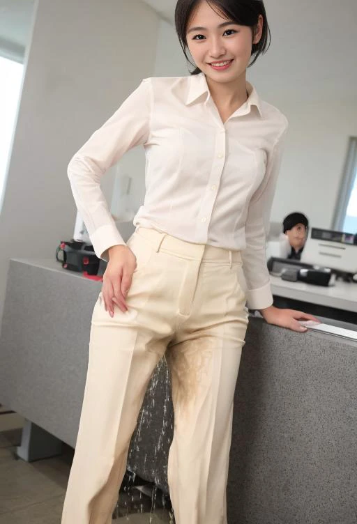 japanese office lady standing, upper body, face close up, cowboy shot, legs spread, Peeing self:1.4, (pee stain:1.3),(urination:1.3), wetting herself, peeing herself, in office, mature, aged, old, professional, skinny, black eyes, black hair, smile,standing, spreading legs, white slacks, pastel color slacks, light color slacks, formal pants, button down shirt, professional, <lora:PeeingThemselfV2_0:1.3> ,very short hairstyle, break, (pee stain:1.3),(urination:1.3), wetting herself, peeing herself, cowboy shot, face closeup,super realistic person, RAW photo, real person:1.2, photorealistic, (very detailed skin:1.2), (very realistic skin:1.2), Canon EOS 5D 300 mm F/2.8, HDR, mature, aged, old
