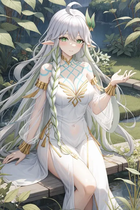 <lora:æ ç2-000010:0.8:lbw=char>,(dacishuwang:1.0),tattoo,rukkhadevata \\\(genshin impact\\\),long hair,green eyes,bangs,white dress,white hair,dress,braid,bare shoulders,detached sleeves,multicolored hair,symbol-shaped pupils,ahoge,dacishuwang,tattoo,, 1girl,
,  (masterpiece,best quality:1.2),absurdres