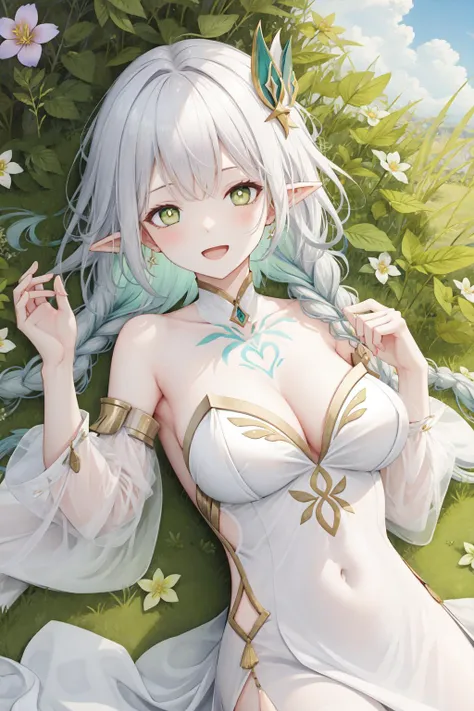 rukkhadevata \\\(genshin impact\\\),1girl,breasts,lying,green eyes,on back,solo,white hair,symbol-shaped pupils,flower,long hair,pointy ears,strapless dress,strapless,looking at viewer,large breasts,bare shoulders,dress,smile,holding,braid,bangs,grass,hair between eyes,detached sleeves,white dress,between breasts,purple flower,holding flower,dappled sunlight,upper body,arm between breasts,open mouth,sunlight,cleavage,multicolored hair,outdoors,aged up,sidelocks,cross-shaped pupils,leaf,<lora:æ ç-000024:0.8>,dacishuwang,tattoo,, 1girl,
,  (masterpiece,best quality:1.2),absurdres