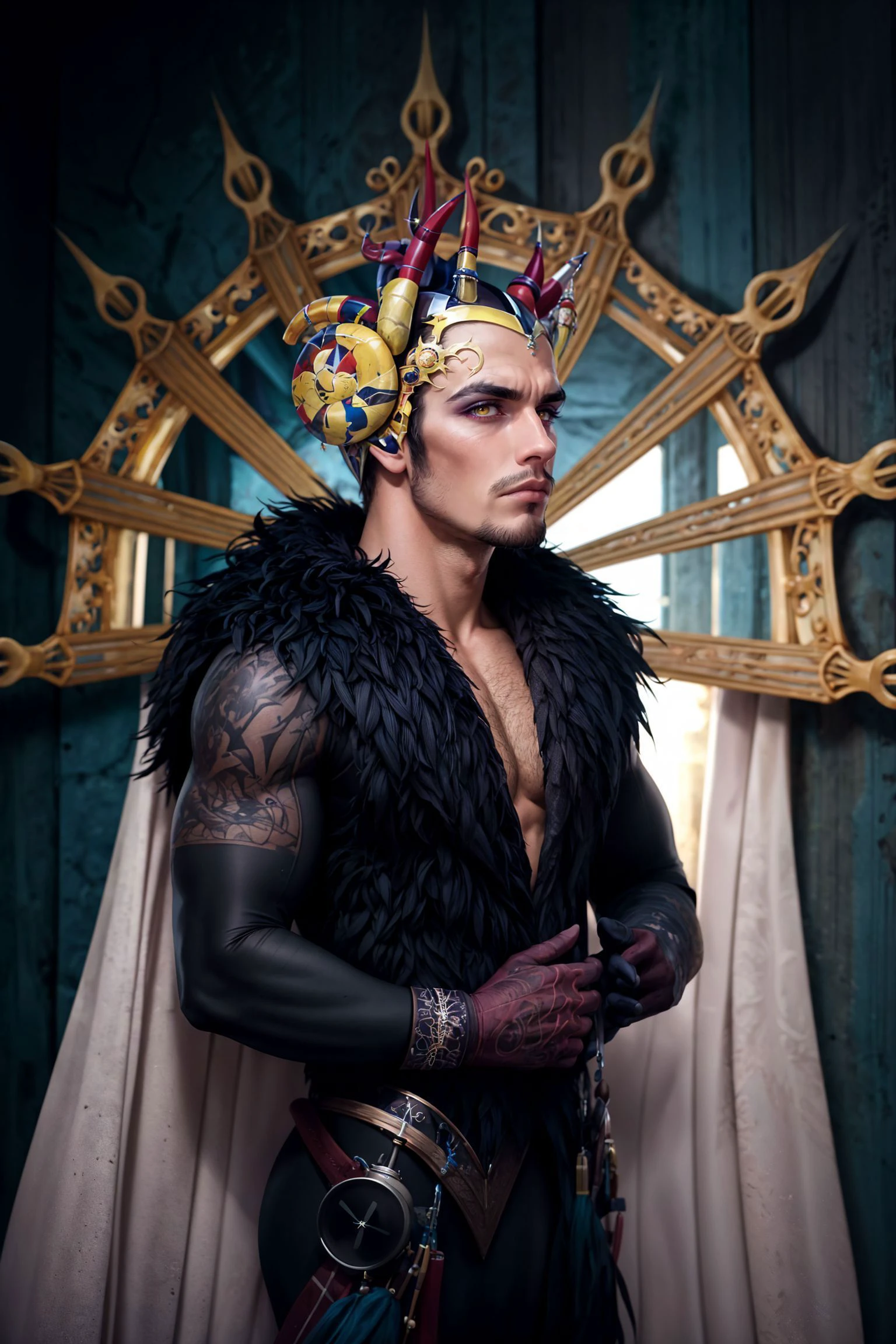 male only, (cowboy shot:1.3), portrait of male edea, handsome, hair ornament, ear piercings, black dress, skin tight, black feather trim, (plunging neckline), black long sleeves, black elbow gloves, cape, eyeshadows, pale skin, (bulge:0.75), arms at the sides, (facing viewer:1.2), looking at viewer, in a dark room,
(masterpiece), top quality, absurdres, deep focus, intricate details, 8k, UHD, HDR,
(GS-Masculine:0.5) <lora:add_detail:0.5> <lora:edea-nvwls-v1:0.9> <lora:muscle_slider_v1:0.5> <lora:zoom_slider_v1:0>