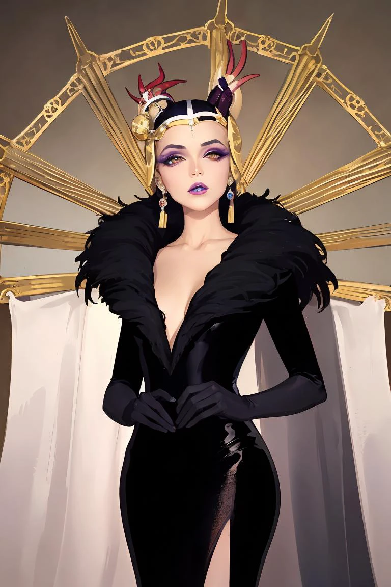 (masterpiece, best quality), 1girl, <lora:edea-nvwls-v1:0.8> edea, hair ornament, earrings, cape, black dress, feather trim, plunging neckline, long sleeves, elbow gloves, makeup, lipstick