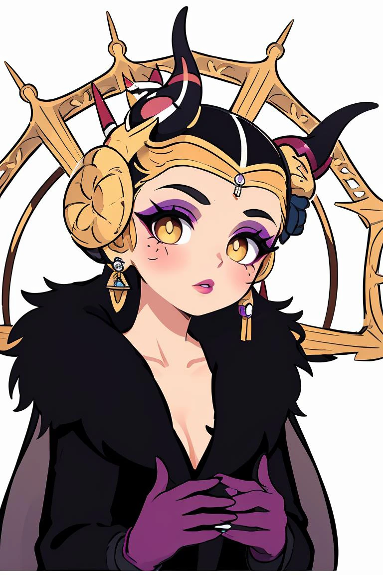 (masterpiece, best quality), 1girl, <lora:edea-nvwls-v1:0.8> edea, hair ornament, earrings, cape, black dress, feather trim, plunging neckline, long sleeves, elbow gloves, makeup, lipstick