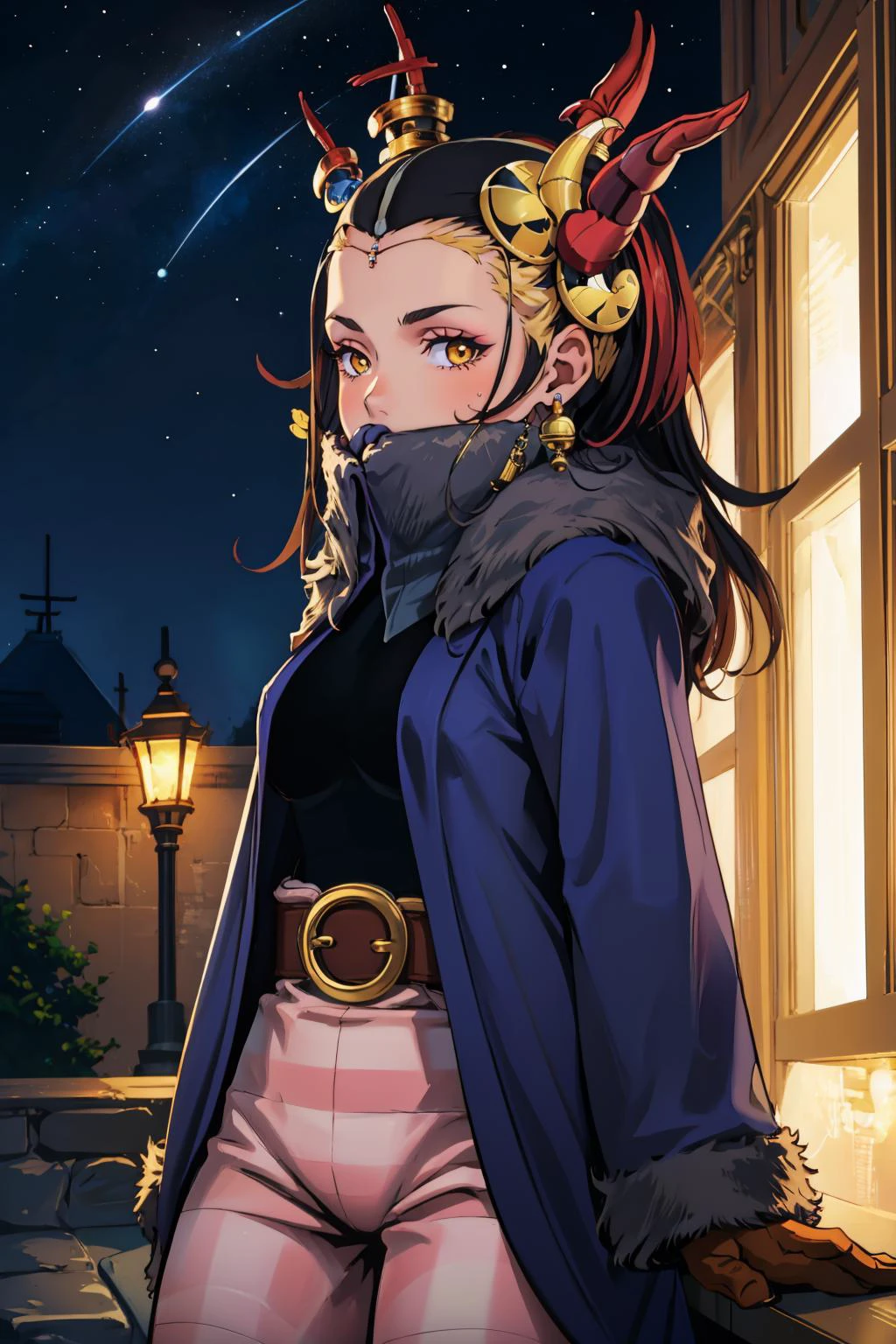 masterpiece, best quality, <lora:FinalFantasy_FemaleBlackMage:1> BlackMageFFT, covered mouth, blue coat, black shirt, belt, baggy pants, striped pants, gloves, night sky <lora:edea-nvwls-v1:0.8> edea, hair ornament, earrings, standing, black hair, upper body