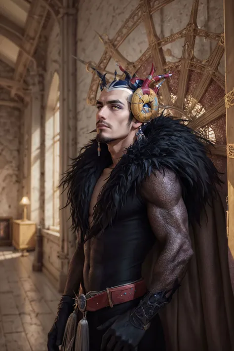 male only, (cowboy shot:1.3), portrait of male edea, handsome, hair ornament, ear piercings, black dress, skin tight, black feather trim, (plunging neckline), black long sleeves, black elbow gloves, cape, eyeshadows, pale skin, (bulge:0.75), arms at the sides, (facing viewer:1.2), looking at viewer, in a dark room,
(masterpiece), top quality, absurdres, deep focus, intricate details, 8k, UHD, HDR,
(GS-Masculine:0.5) <lora:add_detail:0.5>  <lora:edea-nvwls-v1:0.9> <lora:muscle_slider_v1:0.5> <lora:zoom_slider_v1:0>