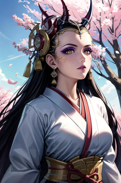(masterpiece, best quality, detailed), 1girl, solo, edea, hair ornament, earrings, makeup, lipstick, looking at viewer,
(samurai), japanese armor, kusazuri, sode, kote, sheath, japanese clothes, hakama, cherry blossoms, petals, outdoors, tree, sky, wind, arms behind back
