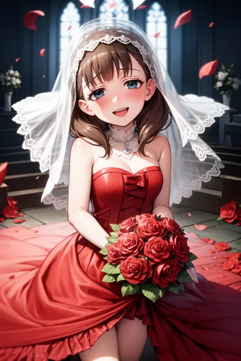 <lora:sakuma mayu:1>sakuma mayu, 1girl, wedding dress, bouquet, brown hair, dress, flower, veil, solo, bridal veil, blue eyes, gloves, petals, rose, bride, strapless dress, smile, church, looking at viewer, bare shoulders, blush, strapless, open mouth, short hair, red rose